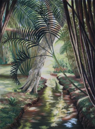 Quelque part au Jardin de Pamplemousse, peinture contemporaine d'un paysage par Vanessa Lim