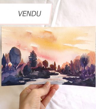 Crépuscule en orange, paysage à l'aquarelle de Vanessa Lim (vendu)