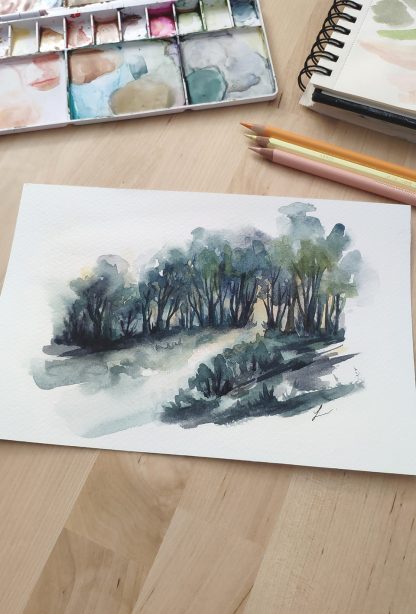 Enchanted woods n°1, paysage à l'aquarelle de Vanessa Lim