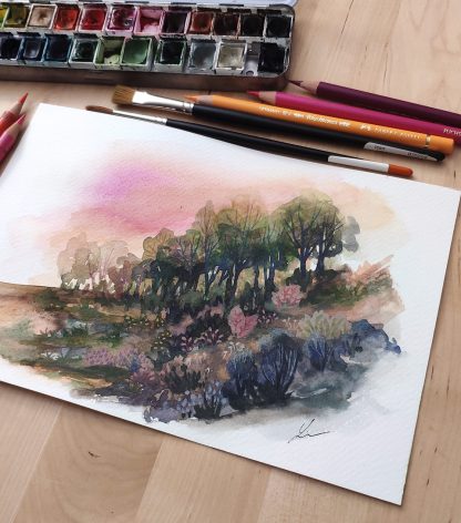 Enchanted woods n°2, paysage à l'aquarelle de Vanessa Lim