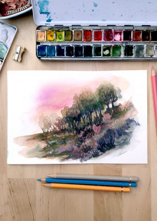 Enchanted woods n°2, paysage à l'aquarelle de Vanessa Lim