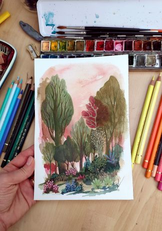 Enchanted woods n°8, paysage à l'aquarelle de Vanessa Lim