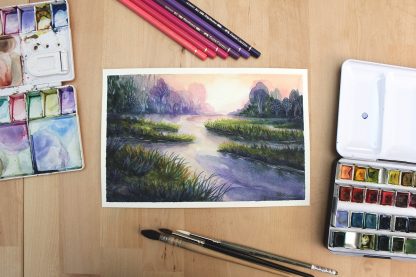 Un début de soirée au marais, paysage à l'aquarelle de Vanessa Lim