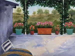 La terrasse, paysage à l'aquarelle (Travail de commande)